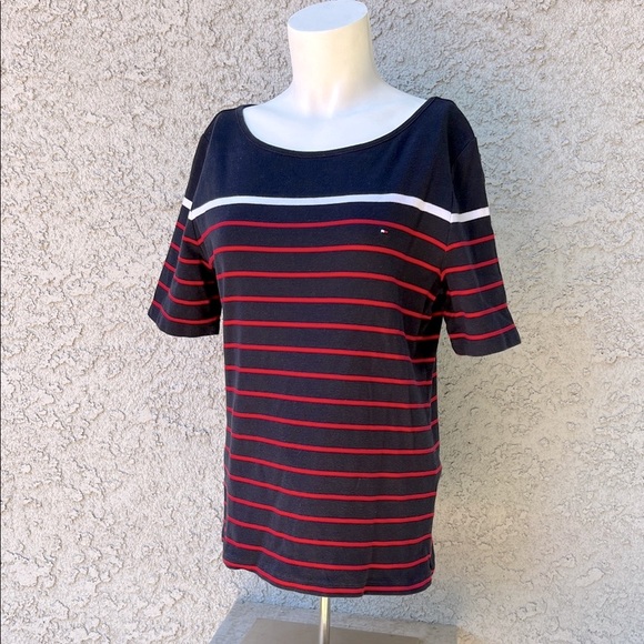 Tommy Hilfiger Women's Navy and Red Striped Tee Shirt Blouse Vintage Classic - Picture 1 of 6